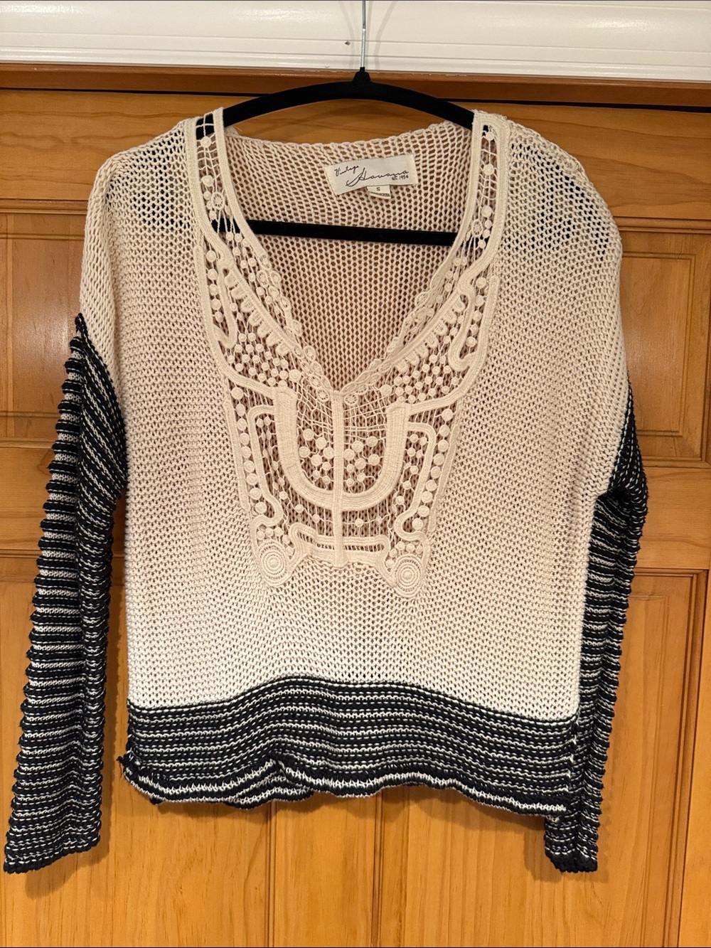 Vintage Havana Cream V-Neck Open Knit Sweater with Black Striped Sleeves